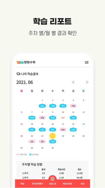 텐텐수학 학습 리포트 화면